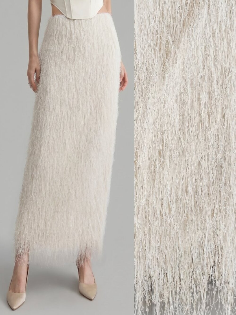 Women’s White Feather Fringe Maxi Skirt Elegant High Slit Statement Skirt - Picture 4 of 8